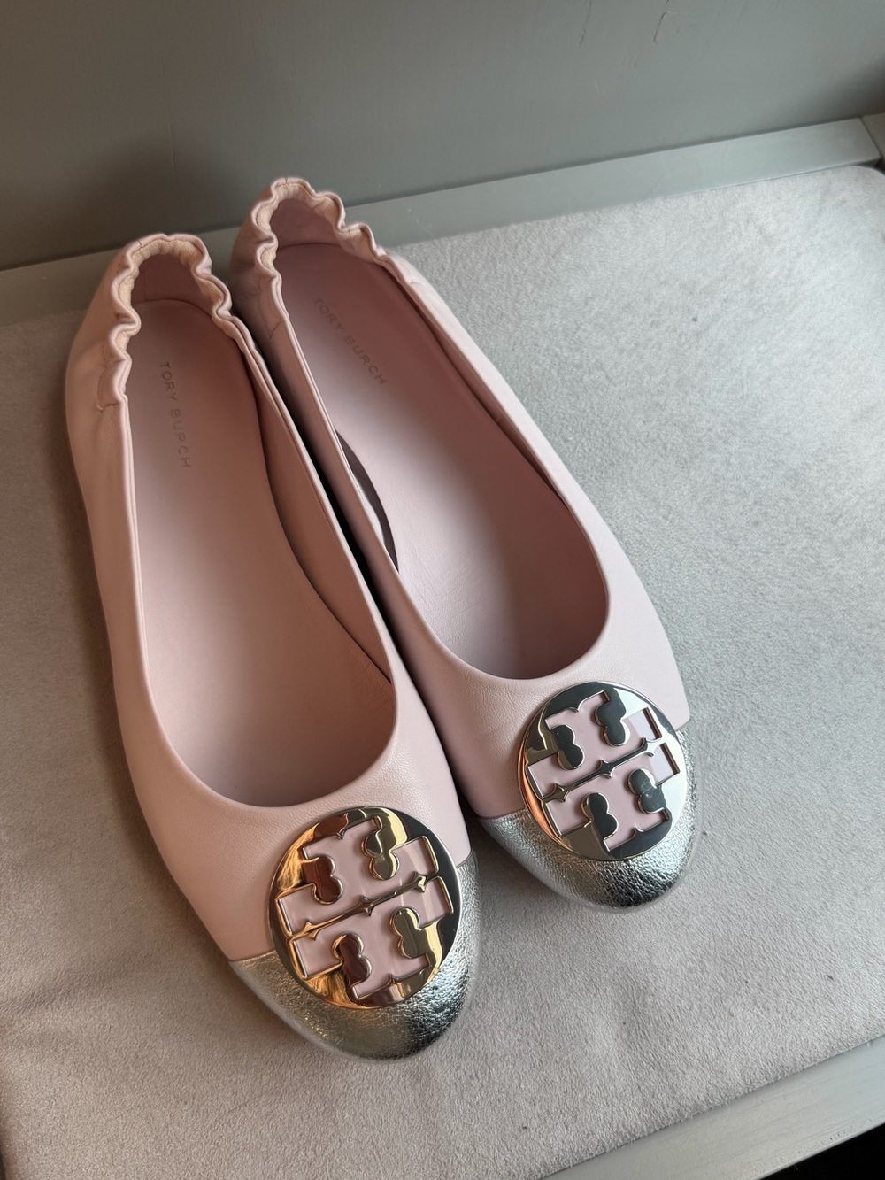 Tory Burch Pale Pink Leather Logo Cap-Toe Ballet Flats